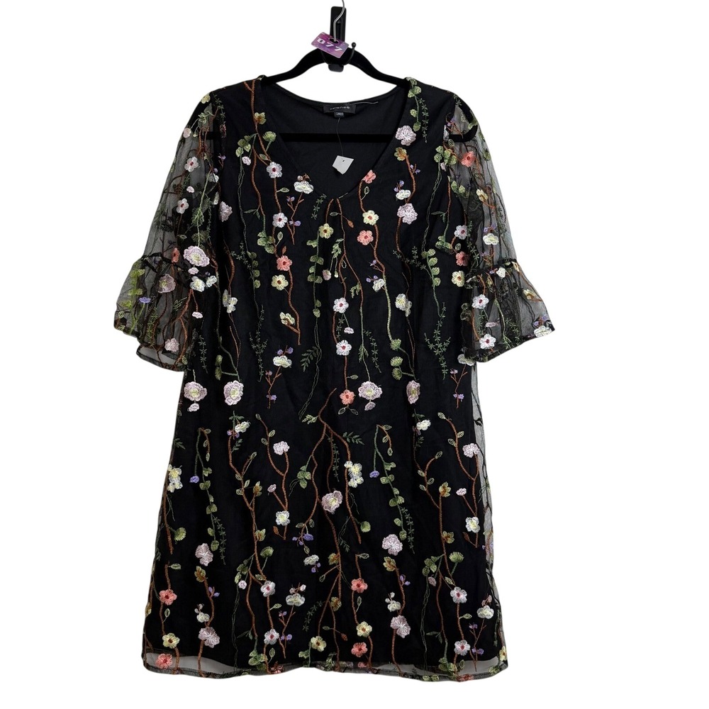 Spense NWT Black Floral Embroidered Mesh Bell Sleeve Dress Women's Size 10 - Picture 2 of 4